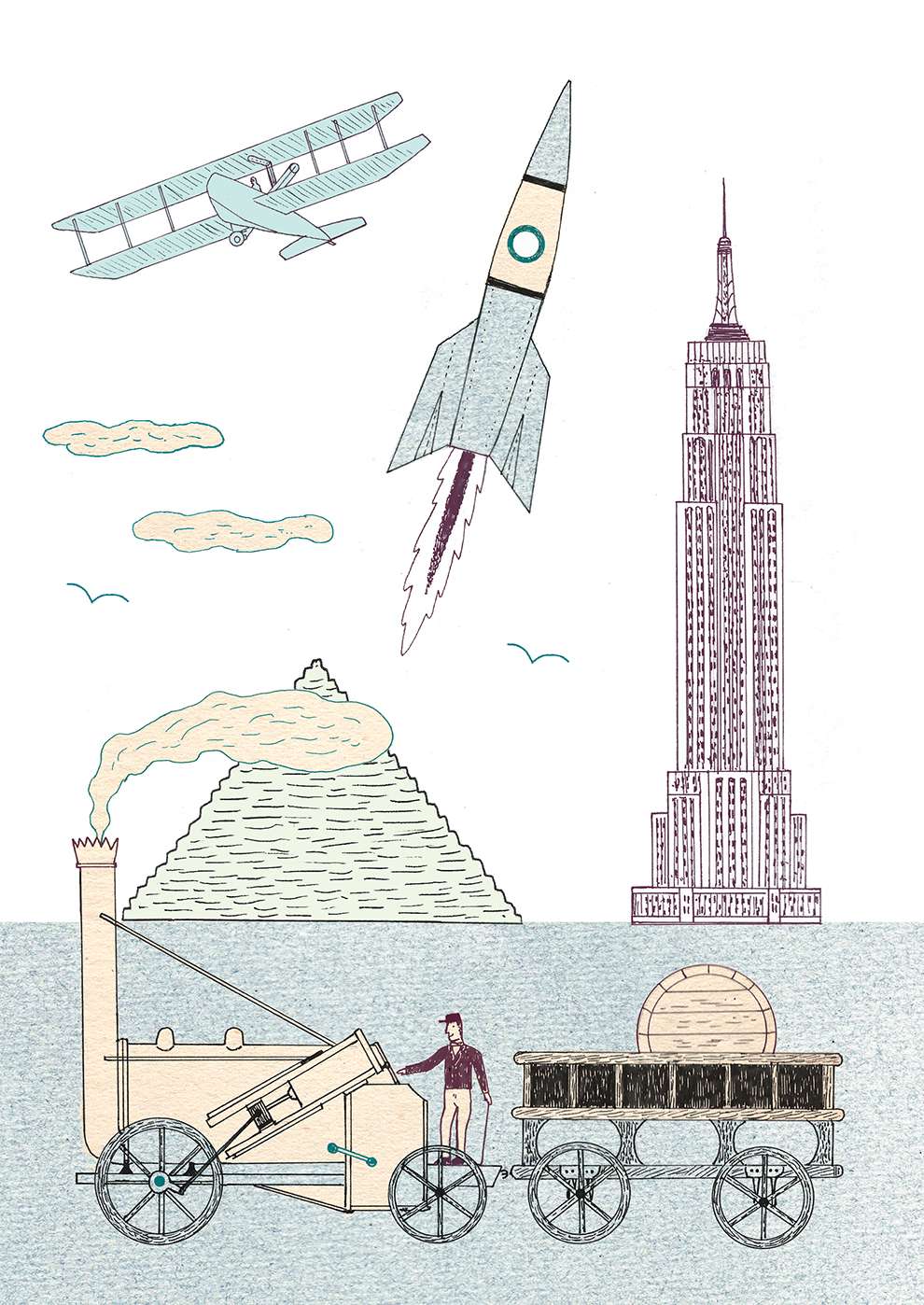 Harriet Russell, hand drawn detailed illustration of rocket, plane and machinery